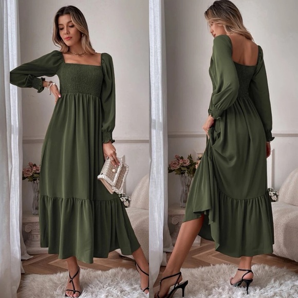Dresses & Skirts - Shirred bust square neck long sleeve ruffle maxi dress boho gypsy army green
